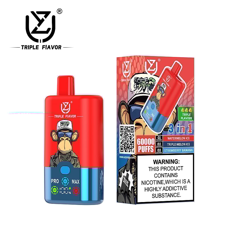 Image présentant un appareil de vapotage Triple Flavor rouge et bleu avec un graphisme de singe stylisé, à côté de son emballage détaillant les saveurs, le nombre de bouffées et l'avertissement de nicotine.