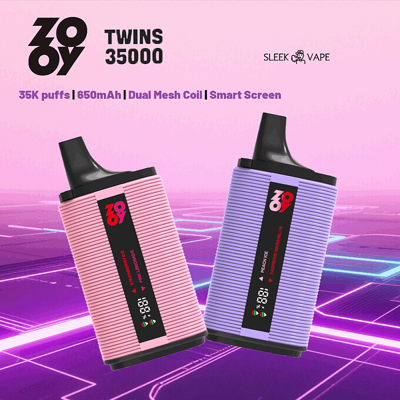 Imagen promocional de dos dispositivos de vapeo de la serie Zooy Twins 35000, con cuerpos texturizados de color rosa y morado, pantallas digitales y especificaciones que indican 35,000 bocanadas, batería de 650 mAh, bobina de malla dual y tecnología de pantalla inteligente, mostradas sobre un fondo futurista de color rosa y morado.
