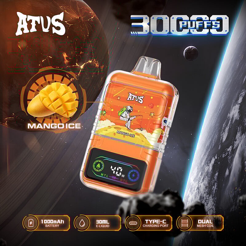 Imagen promocional del dispositivo de vapeo Atus Mango Ice, que muestra su capacidad de 30,000 bocanadas, batería de 1000 mAh, depósito de e-líquido de 30 ml, puerto de carga tipo C y bobinas de malla dual con un diseño de temática espacial y énfasis en el sabor a hielo de mango.