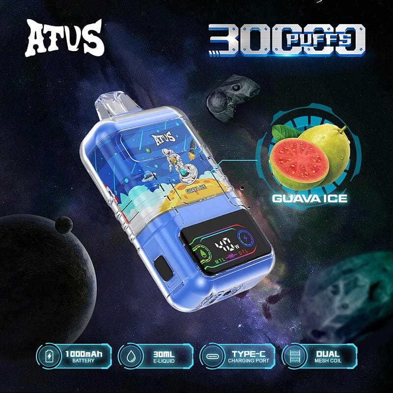Imagen promocional que muestra un colorido dispositivo de vapeo ATVS con un fondo de temática espacial, resaltando características como 30,000 bocanadas, sabor a hielo de guayaba, batería de 1000 mAh, capacidad de 30 ml de e-líquido, puerto de carga tipo C y bobina de malla dual.