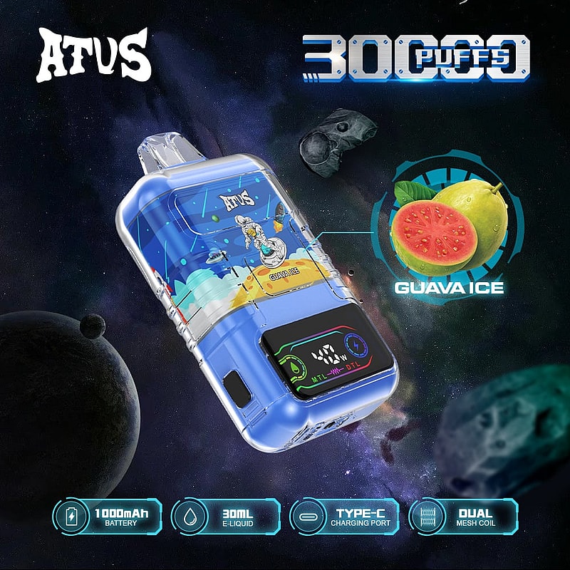 Reklambild som visar en färgglad terränghjulsdriven vaping-enhet med en rymdtema-bakgrund, med funktioner som 30 000 bloss, guava-issmak, 1000 mAh-batteri, 30 ml e-vätska, laddningsport av typ C och dubbel mesh-spole.