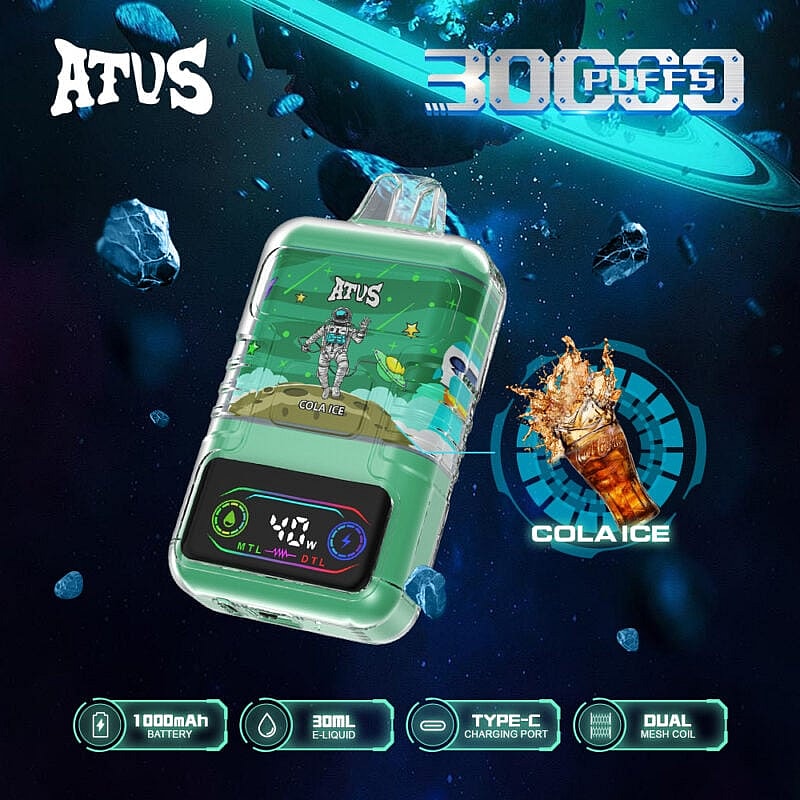 Imagen promocional del dispositivo de vapeo ATUS Cola Ice, que destaca características como 30.000 bocanadas, batería de 1000 mAh, capacidad de 30 ml de e-líquido, puerto de carga tipo C y bobina de malla doble, diseñada con gráficos de temática espacial.