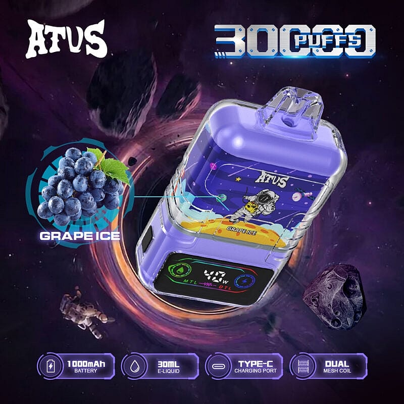 Imagen promocional que muestra el dispositivo de vapeo Atus en color morado con un diseño de temática espacial, etiquetado como 'Grape Ice', con detalles que incluyen capacidad de 30,000 bocanadas, batería de 1000 mAh, capacidad de 30 ml de e-líquido, puerto de carga tipo C y bobina de malla dual; sobre un fondo cósmico.