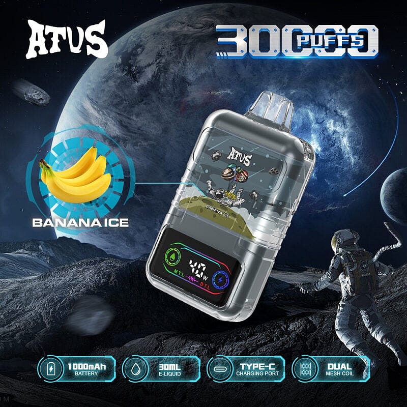 Imagen promocional del dispositivo de vapeo ATVS Banana Ice con una batería de 1000 mAh y una capacidad de e-líquido de 30 ml, sobre un fondo de temática espacial con imágenes de un planeta y un astronauta.