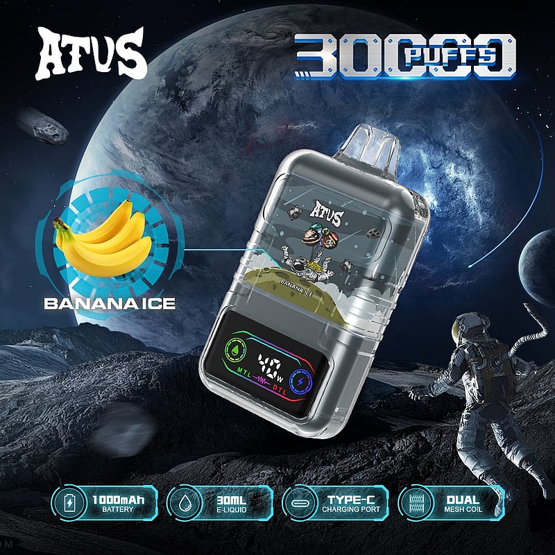 Reklambild av ATVS Banana Ice vape-enheten med ett 1000 mAh batteri och 30 ml e-vätska, mot en rymdtema-bakgrund med bilder av en planet och astronaut.