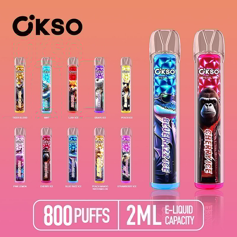 OKSO Crystal Bar 800 Puffs Disposable Vape Pen offers mesh coil, RGB LED, 2mL e-liquid, 400mAh battery, and 10 flavors for smooth, stylish vaping.