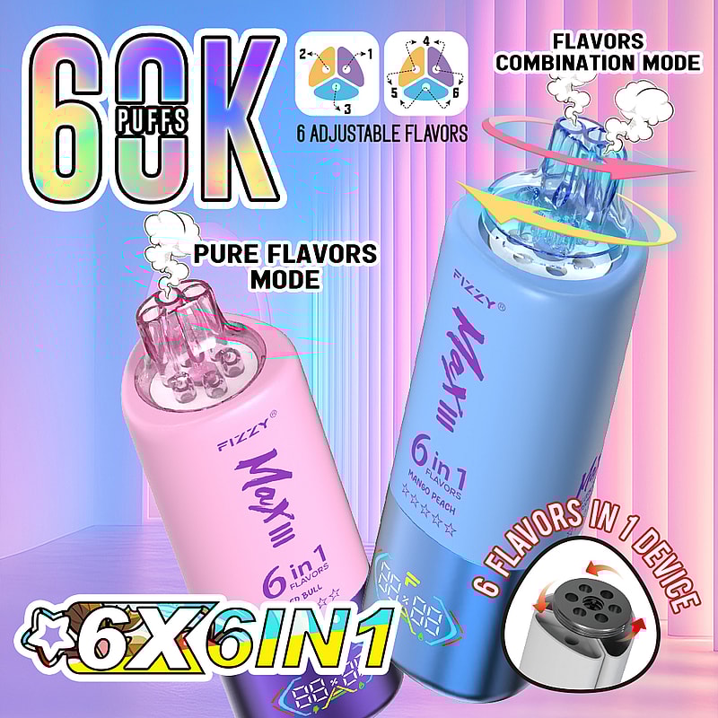 Promotional image showcasing two Fizzy Max III vaping devices with a six-flavor adjustability feature and multiple modes including pure flavors and combination flavors, against a colorful background.