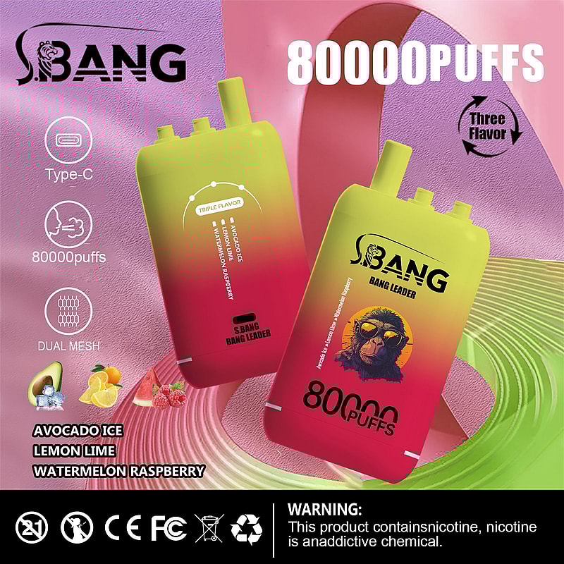 Promotional display of Bang vape products highlighting features like 80,000 puffs, Type-C charging, and dual mesh technology with three flavors: Avocado Ice, Lemon Lime, and Watermelon Raspberry, set against a colorful background with warning and certification logos.