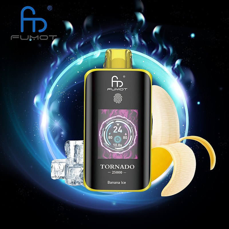 The RandM Fumot Tornado 25K Puffs Vape delivers 20 mL e‑liquid, 700 mAh battery, dual mesh coil,TFT display,touch‑switch power control and Type‑C charging with 2%,3%,5% nicotine