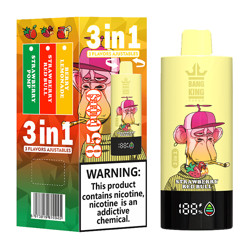 Bang King Triple 85000 Puffs Vape offers 3-in-1 adjustable flavors, triple mesh coil, LED display, and 63mL capacity—perfect for long-lasting, flavorful vaping.