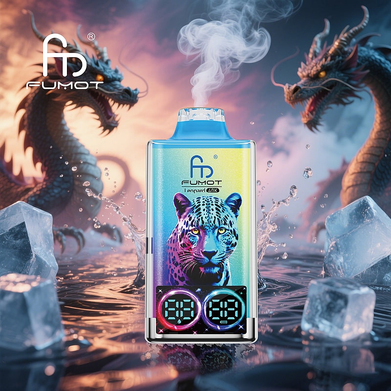 RandM Fumot Leopard 40K puffs vape delivers dual mesh coils, LED indicator, RGB lights, digital display, and 16 flavors with 2%, 3%, or 5% nicotine.