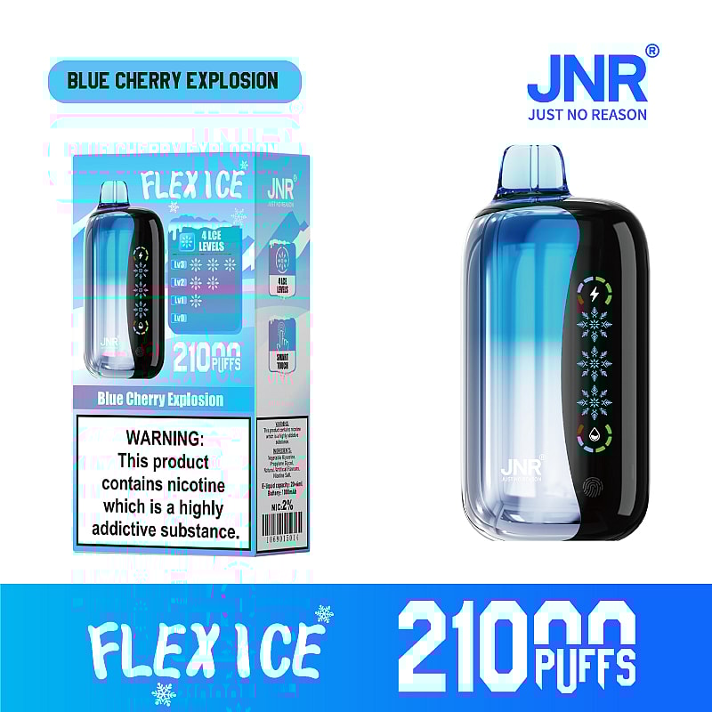 JNR Flex Ice 21000 puffs vape offers  dual mesh coil, touch screen, adjustable ice and airflow, with 15 flavors, LED display, and Type-C fast charging.
