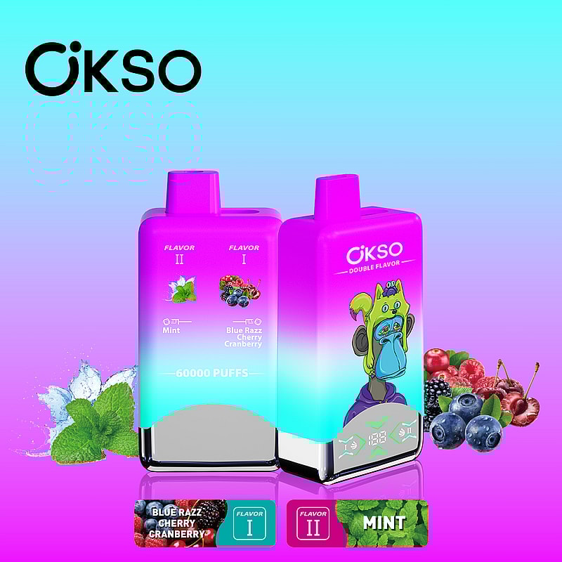 OKSO Double Flavor 60000 Puffs Vape features 50mL e-liquid, dual mesh coils, LED screen, Type-C charging, and switchable double flavors with nicotine options.