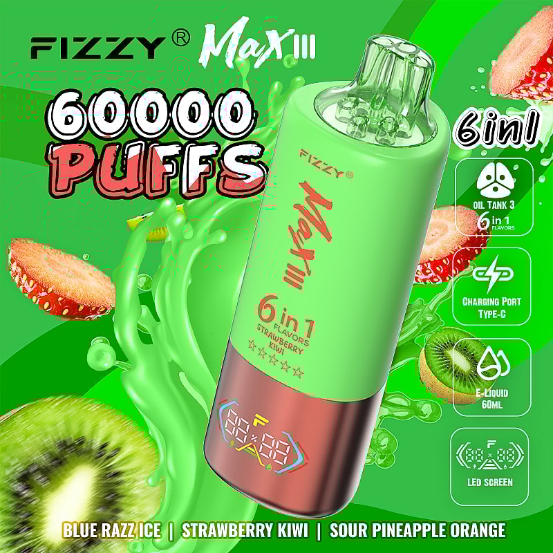 enjoy the Fizzy Max III 60000 Puffs Disposable Vape with 60mL e-liquid, 6 flavor modes, mesh coil, 850mAh battery, Type-C charging, and 10 delicious flavors.