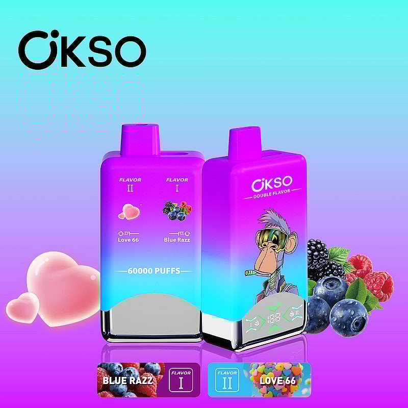 Promotional image of two OKSO brand vape devices featuring a dual-flavor design, Love 66 and Blue Razz, with 60,000 puffs displayed on a gradient background with fruit illustrations and decorative elements.