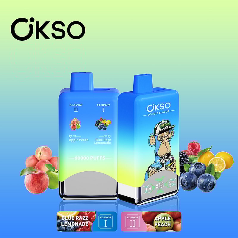 OKSO Double Flavor 60000 Puffs Vape features 50mL e-liquid, dual mesh coils, LED screen, Type-C charging, and switchable double flavors with nicotine options.