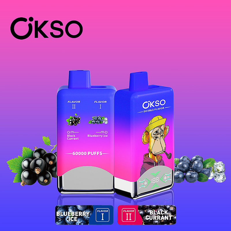 OKSO Double Flavor 60000 Puffs Vape features 50mL e-liquid, dual mesh coils, LED screen, Type-C charging, and switchable double flavors with nicotine options.
