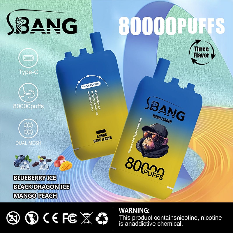 Promotional image for Bang vaping device featuring Blueberry Ice, Black Dragon Ice, and Mango Peach flavors, with 80000 puffs and Type-C charging.