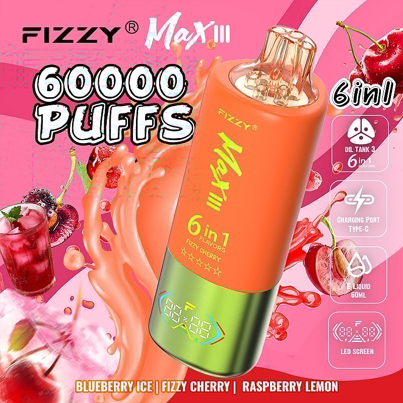 enjoy the Fizzy Max III 60000 Puffs Disposable Vape with 60mL e-liquid, 6 flavor modes, mesh coil, 850mAh battery, Type-C charging, and 10 delicious flavors.