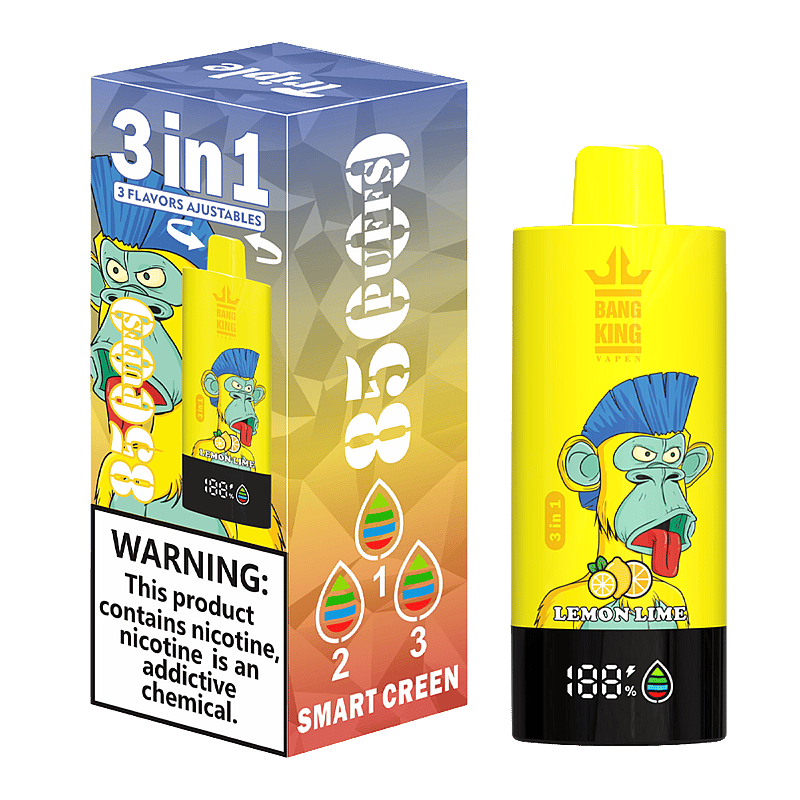 Bang King Triple 85000 Puffs Vape offers 3-in-1 adjustable flavors, triple mesh coil, LED display, and 63mL capacity—perfect for long-lasting, flavorful vaping.