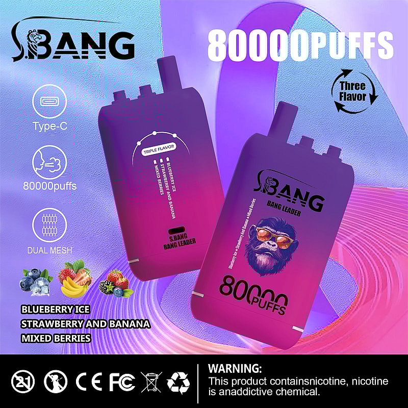 Promotional image for BANG vaping device with dual mesh technology, featuring 80,000 puffs, Type-C charging, and three flavors including blueberry ice, strawberry and banana, and mixed berries.