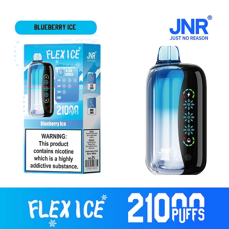 JNR Flex Ice 21000 puffs vape offers  dual mesh coil, touch screen, adjustable ice and airflow, with 15 flavors, LED display, and Type-C fast charging.