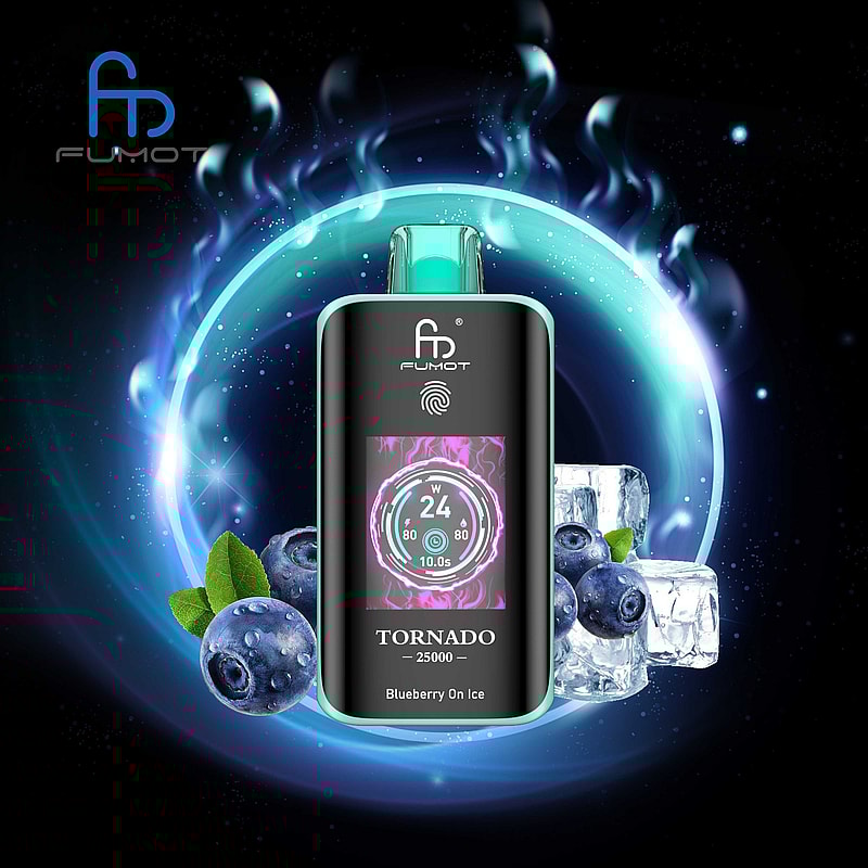 The RandM Fumot Tornado 25K Puffs Vape delivers 20 mL e‑liquid, 700 mAh battery, dual mesh coil,TFT display,touch‑switch power control and Type‑C charging with 2%,3%,5% nicotine