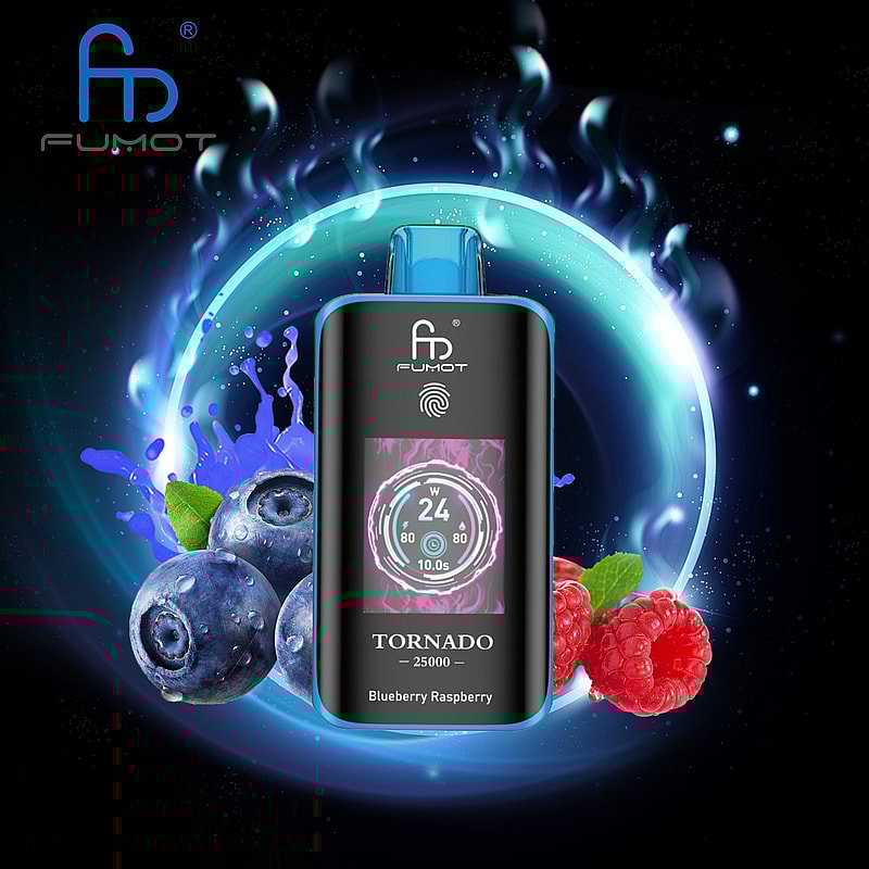 The RandM Fumot Tornado 25K Puffs Vape delivers 20 mL e‑liquid, 700 mAh battery, dual mesh coil,TFT display,touch‑switch power control and Type‑C charging with 2%,3%,5% nicotine