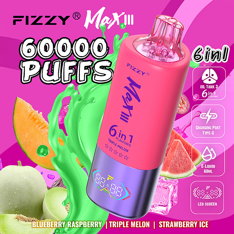 enjoy the Fizzy Max III 60000 Puffs Disposable Vape with 60mL e-liquid, 6 flavor modes, mesh coil, 850mAh battery, Type-C charging, and 10 delicious flavors.