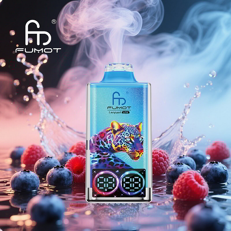 RandM Fumot Leopard 40K puffs vape delivers dual mesh coils, LED indicator, RGB lights, digital display, and 16 flavors with 2%, 3%, or 5% nicotine.