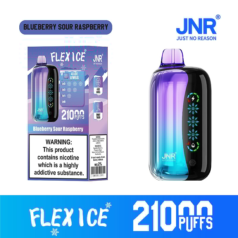 JNR Flex Ice 21000 puffs vape offers  dual mesh coil, touch screen, adjustable ice and airflow, with 15 flavors, LED display, and Type-C fast charging.