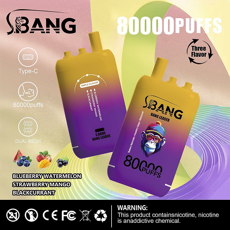 Promotional image featuring Bang e-cigarette with 80,000 puffs capacity, colorful packaging, and triple flavors: Blueberry Watermelon, Strawberry Mango, Blackcurrant, displayed alongside product specifications and a nicotine warning.