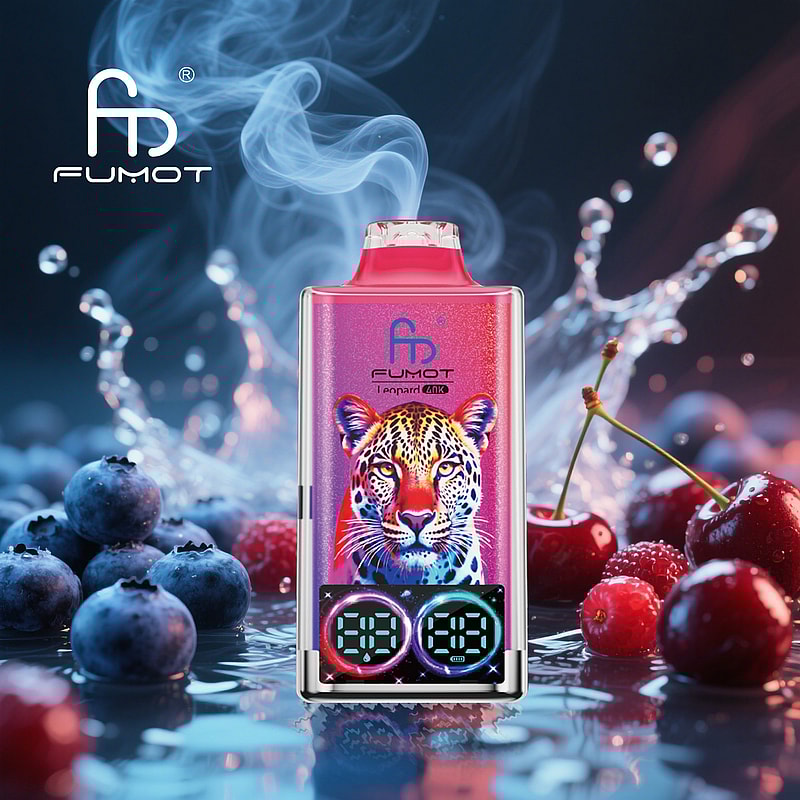 RandM Fumot Leopard 40K puffs vape delivers dual mesh coils, LED indicator, RGB lights, digital display, and 16 flavors with 2%, 3%, or 5% nicotine.