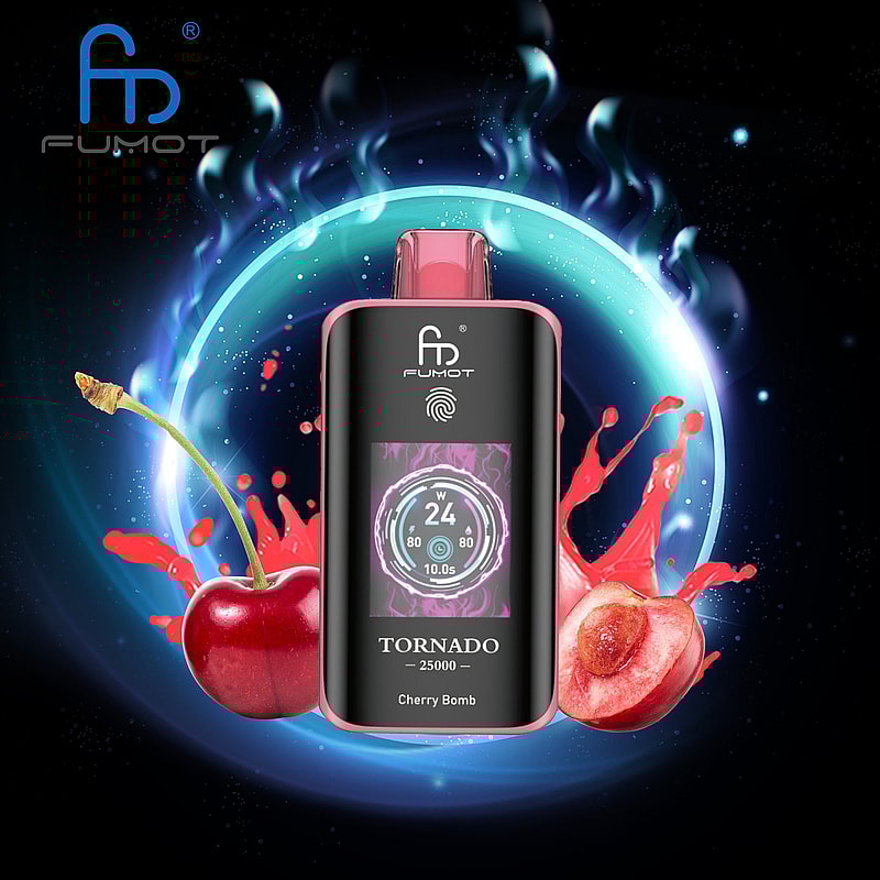 The RandM Fumot Tornado 25K Puffs Vape delivers 20 mL e‑liquid, 700 mAh battery, dual mesh coil,TFT display,touch‑switch power control and Type‑C charging with 2%,3%,5% nicotine