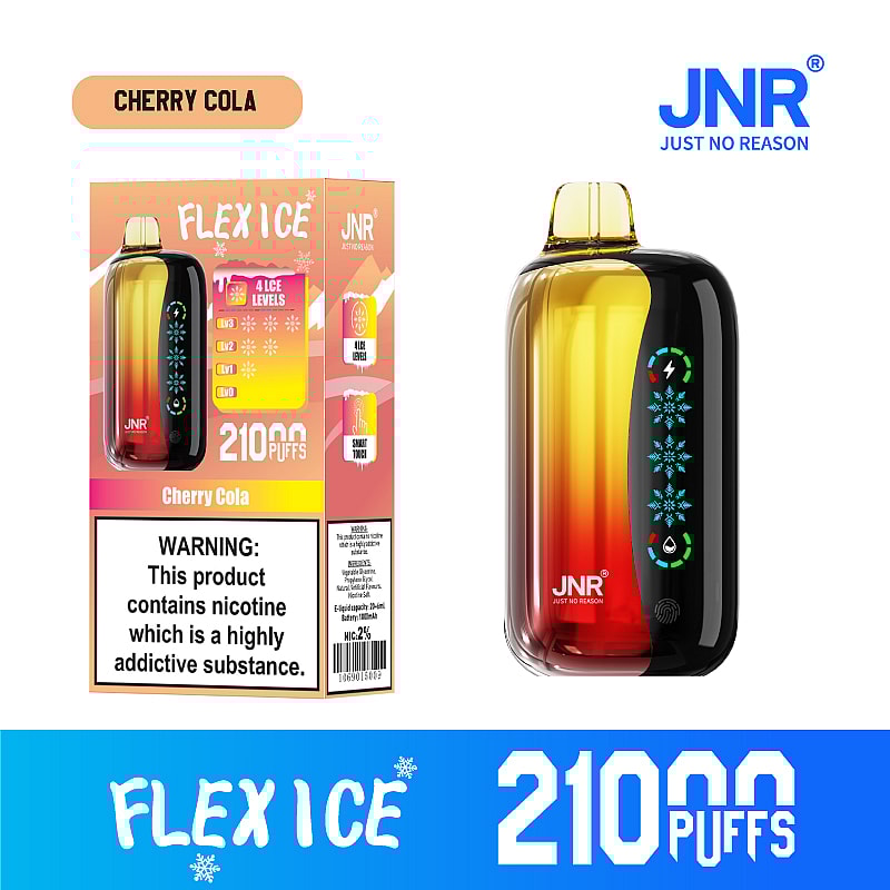 JNR Flex Ice 21000 puffs vape offers  dual mesh coil, touch screen, adjustable ice and airflow, with 15 flavors, LED display, and Type-C fast charging.