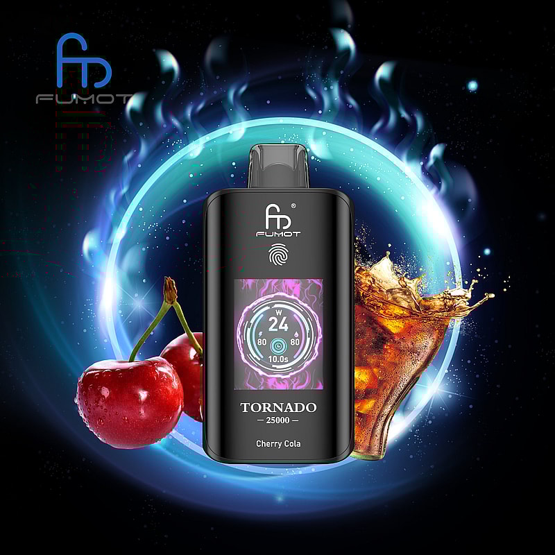 The RandM Fumot Tornado 25K Puffs Vape delivers 20 mL e‑liquid, 700 mAh battery, dual mesh coil,TFT display,touch‑switch power control and Type‑C charging with 2%,3%,5% nicotine
