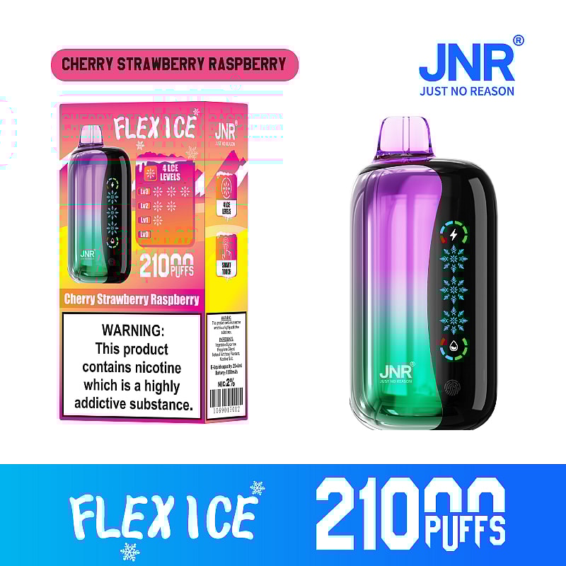 JNR Flex Ice 21000 puffs vape offers  dual mesh coil, touch screen, adjustable ice and airflow, with 15 flavors, LED display, and Type-C fast charging.