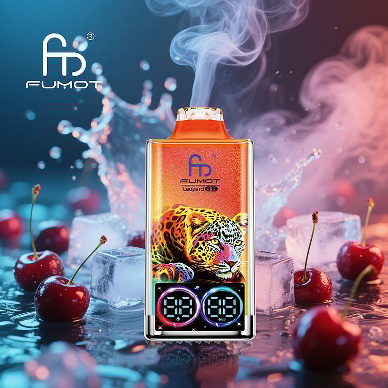 RandM Fumot Leopard 40K puffs vape delivers dual mesh coils, LED indicator, RGB lights, digital display, and 16 flavors with 2%, 3%, or 5% nicotine.