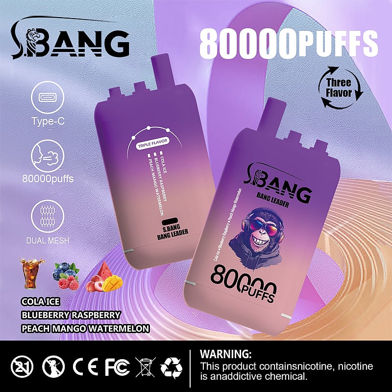Promotional image showcasing two purple vaping devices labeled 'Bang Bang Leader,' highlighted with features like 80000 puffs, Type-C port, and triple flavor options, set against a modern purple abstract background.