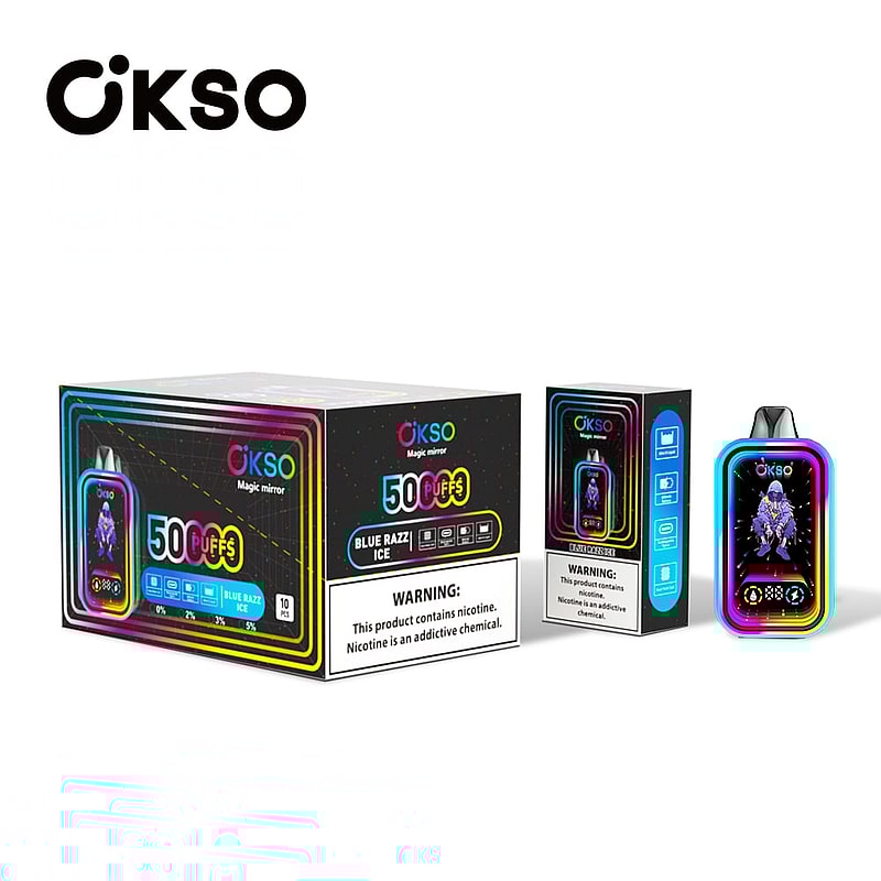 The OKSO Magic Mirror 50000 Puffs Vape offers a 40mL e-liquid, dual mesh coil, 850mAh battery, and stylish RGB LED lights for a premium vaping experience.