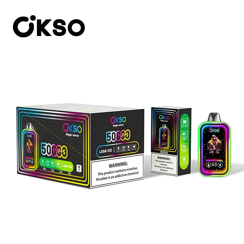 The OKSO Magic Mirror 50000 Puffs Vape offers a 40mL e-liquid, dual mesh coil, 850mAh battery, and stylish RGB LED lights for a premium vaping experience.