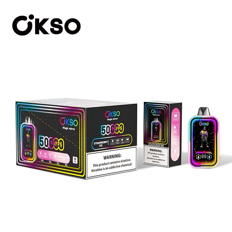 The OKSO Magic Mirror 50000 Puffs Vape offers a 40mL e-liquid, dual mesh coil, 850mAh battery, and stylish RGB LED lights for a premium vaping experience.