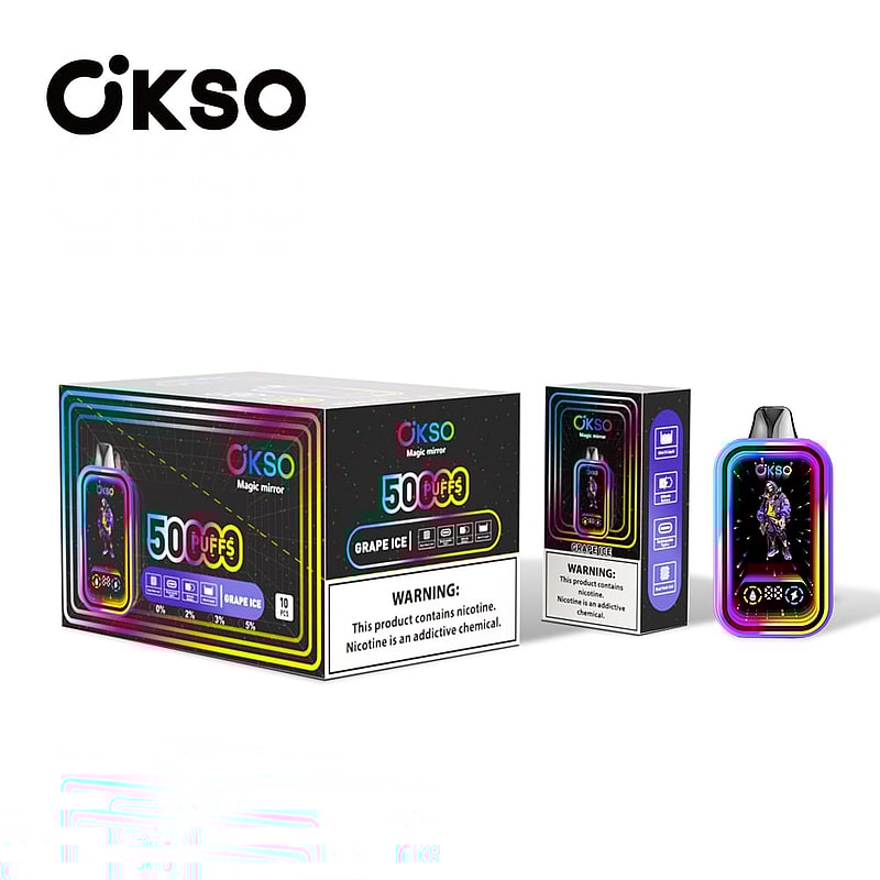 The OKSO Magic Mirror 50000 Puffs Vape offers a 40mL e-liquid, dual mesh coil, 850mAh battery, and stylish RGB LED lights for a premium vaping experience.