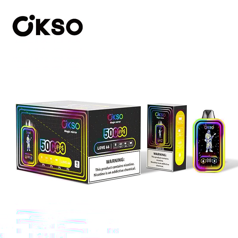 The OKSO Magic Mirror 50000 Puffs Vape offers a 40mL e-liquid, dual mesh coil, 850mAh battery, and stylish RGB LED lights for a premium vaping experience.