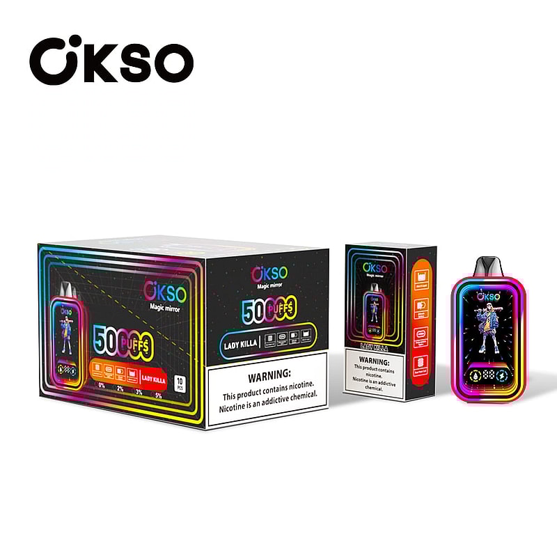 The OKSO Magic Mirror 50000 Puffs Vape offers a 40mL e-liquid, dual mesh coil, 850mAh battery, and stylish RGB LED lights for a premium vaping experience.
