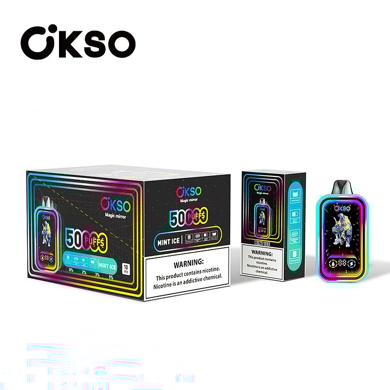 The OKSO Magic Mirror 50000 Puffs Vape offers a 40mL e-liquid, dual mesh coil, 850mAh battery, and stylish RGB LED lights for a premium vaping experience.