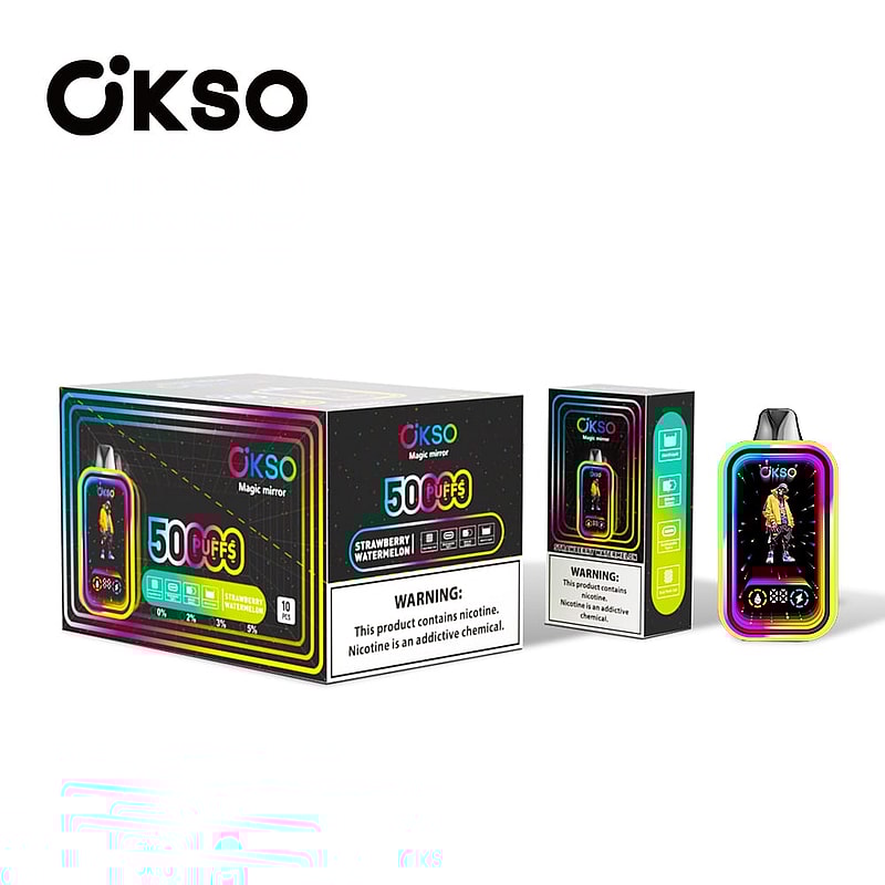 The OKSO Magic Mirror 50000 Puffs Vape offers a 40mL e-liquid, dual mesh coil, 850mAh battery, and stylish RGB LED lights for a premium vaping experience.