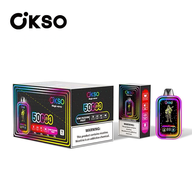 The OKSO Magic Mirror 50000 Puffs Vape offers a 40mL e-liquid, dual mesh coil, 850mAh battery, and stylish RGB LED lights for a premium vaping experience.