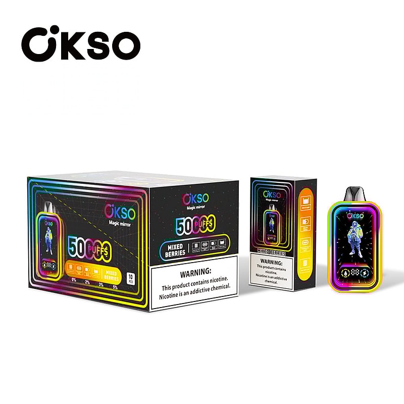 A product set for OKSO Magic Mirror e-cigarettes, featuring packaging displaying 'Mixed Berries' flavor, 50 puffs capacity, and safety warnings about nicotine.