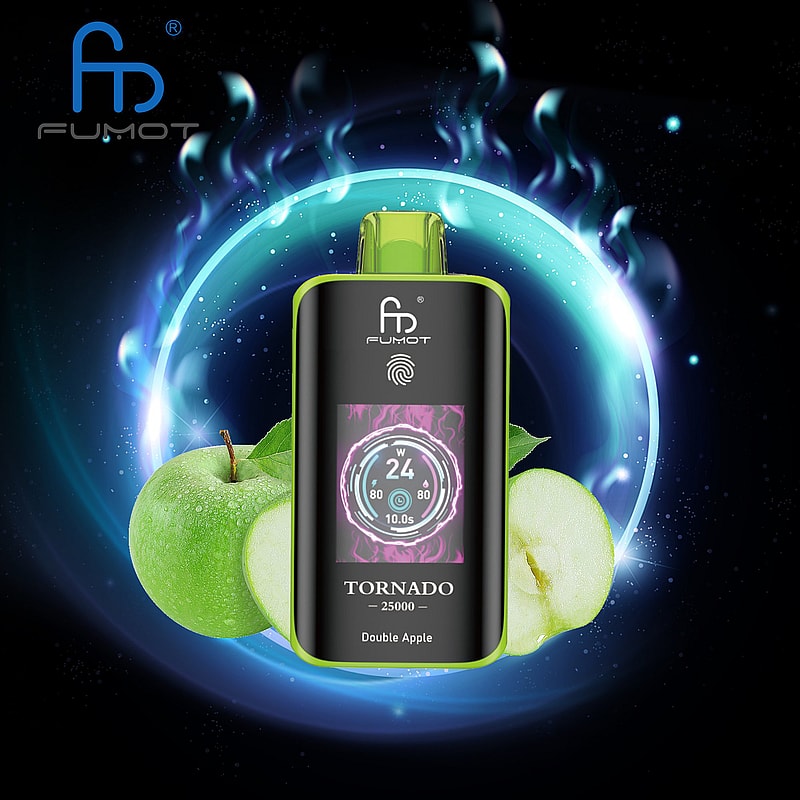 The RandM Fumot Tornado 25K Puffs Vape delivers 20 mL e‑liquid, 700 mAh battery, dual mesh coil,TFT display,touch‑switch power control and Type‑C charging with 2%,3%,5% nicotine